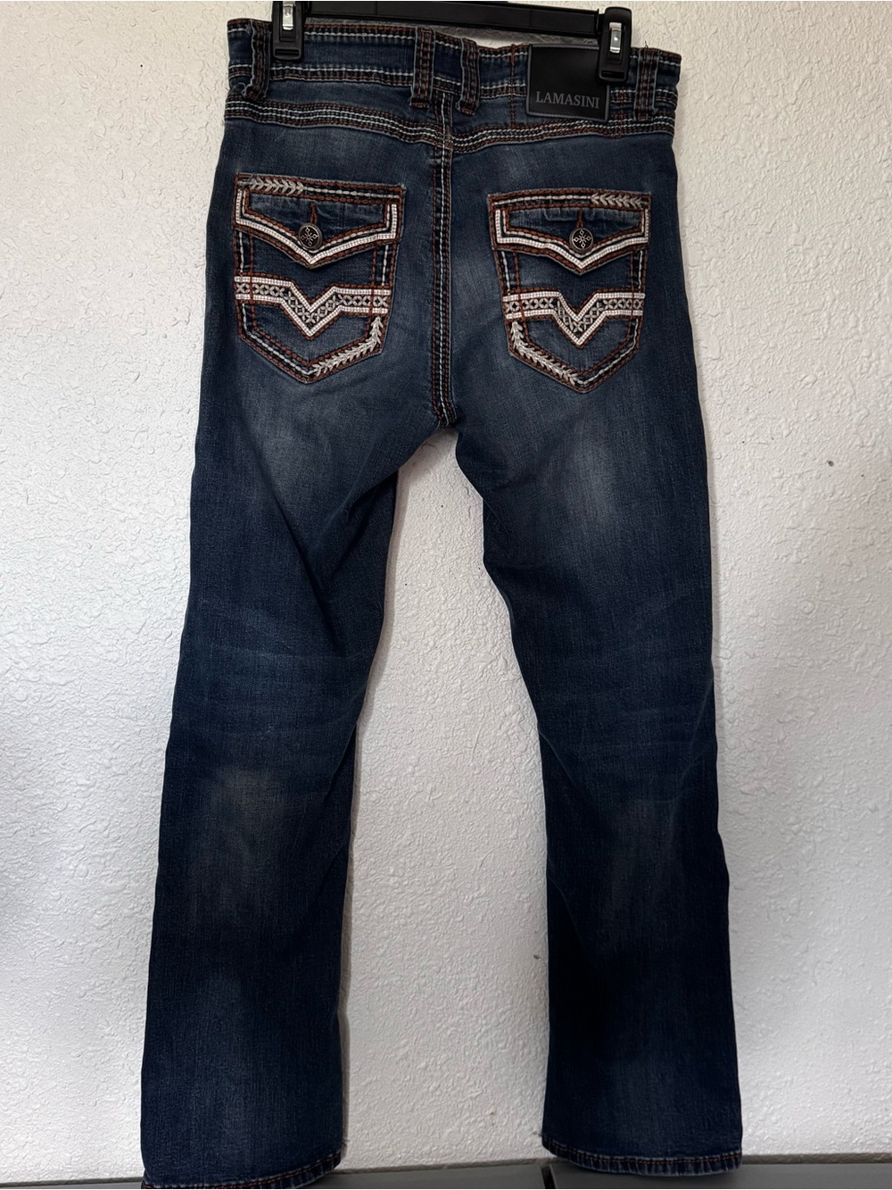 LAMASINI Men's Straight Jeans in Dark Blue Wash with Embroidered Pockets
